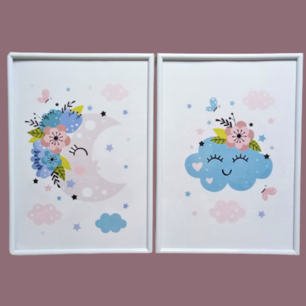 Σετ 2 κάδρα φεγγάρι & συννεφάκι ( 22 χ 31 εκ. ) - πίνακες & κάδρα, κορίτσι, δώρο, συννεφάκι, δώρα για παιδιά, παιδικά κάδρα - 4
