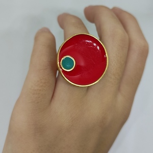 Στρογγυλό εντυπωσιακό μεγάλο δαχτυλίδι με κόκκινο σμάλτο! - επιχρυσωμένα, ορείχαλκος, γεωμετρικά σχέδια, μεγάλα, αυξομειούμενα - 4