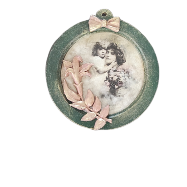 Χειροποίητο Vintage ρομαντικό ξύλινο στολίδι με μικτές τεχνικές 14 cm. - ξύλο, vintage, χριστουγεννιάτικα δώρα, στολίδια