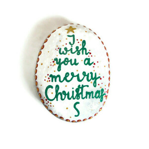 Χριστουγεννιάτικη πέτρα "I wish you a merry Christmas", ζωγραφισμένη στο χέρι, μήκους 10 εκ. - ζωγραφισμένα στο χέρι, διακοσμητικά