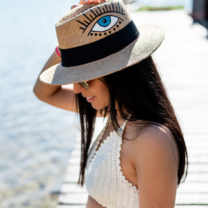 Molokai μπεζ χειροποίητο καπέλο Παναμά με μάτι και boho σχέδια - απαραίτητα καλοκαιρινά αξεσουάρ, αξεσουάρ παραλίας - 2