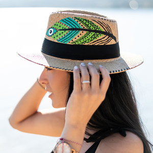 Savanna μπεζ χειροποίητο καπέλο Παναμά με σχέδιο boho φτερό - chic, ζωγραφισμένα στο χέρι, ψάθινα - 3