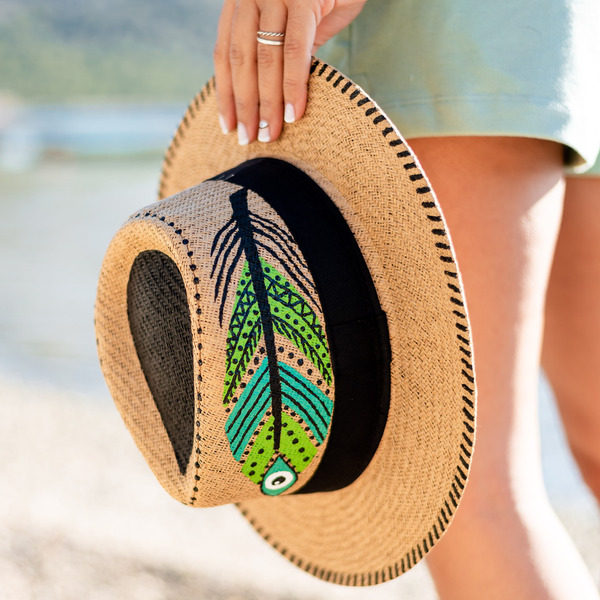 Savanna μπεζ χειροποίητο καπέλο Παναμά με σχέδιο boho φτερό - chic, ζωγραφισμένα στο χέρι, ψάθινα - 4