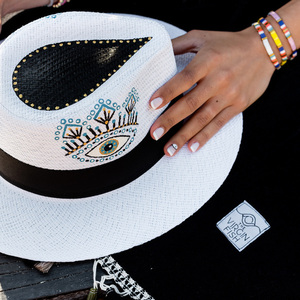 Hawaii λευκό χειροποίητο καπέλο Παναμά με μάτι και boho σχέδια - ζωγραφισμένα στο χέρι, χειροποίητα, ψάθινα - 3