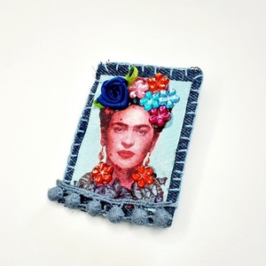 Καρφίτσα γυναικεία ,Frida, 8χ5.5 εκ.,ύφασμα, boho-mexican No 4. - ύφασμα, χειροποίητα - 2