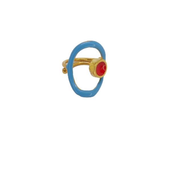 Οβάλ δαχτυλίδι με καστόνι σε κόκκινο και γαλάζιο χρώμα - chevalier, επιχρυσωμένα, ορείχαλκος, γεωμετρικά σχέδια, αυξομειούμενα