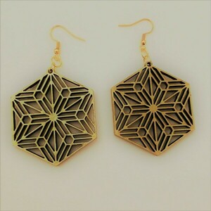 Kumiko Snowflake, γεωμετρικά, πρωτότυπα,ξύλινα, χρυσά σκουλαρίκια - ξύλο, μακριά, κρεμαστά - 3