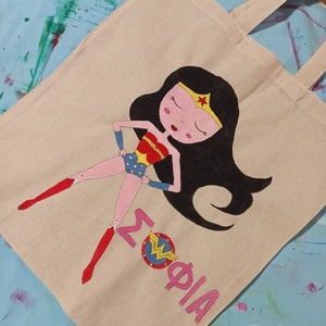 πάνινη τσάντα με την wonder woman και όνομα για μεταφορά βιβλίων - όνομα - μονόγραμμα, τσαντάκια - 3