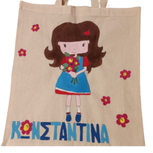 πάνινη τσάντα με κοριτσάκι που κρατάει λουλούδια και όνομα για μεταφορά βιβλίων - κορίτσι, όνομα - μονόγραμμα