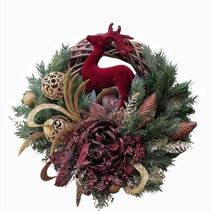 Χριστουγεννιάτικο στεφάνι από μπαμπού με Ταρανδο , λουλούδι ,στολίδια 40 εκατοστά - διακοσμητικά, στεφάνια, ξύλο