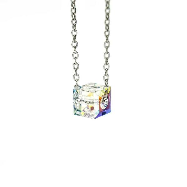 Κολιέ Cube AB Κρυστάλλινο Swarovski Crystals με Ατσάλινη Αλυσίδα 45εκ Nikolas Jewelry - γυαλί, charms, κοντά, ατσάλι