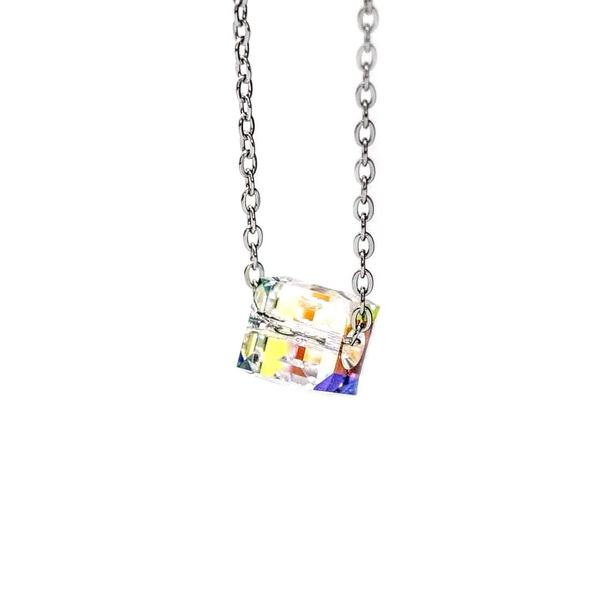 Κολιέ Cube AB Κρυστάλλινο Swarovski Crystals με Ατσάλινη Αλυσίδα 45εκ Nikolas Jewelry - γυαλί, charms, κοντά, ατσάλι - 2