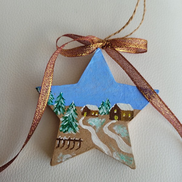 Στολίδι σε σχήμα αστεριού, από papier mache, ζωγραφισμένο στο χέρι - ζωγραφισμένα στο χέρι, αστέρι, χριστουγεννιάτικο, στολίδια - 5