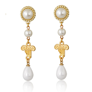 Chloe, Pearl teardrop column earrings, γυναικεία σκουλαρίκια, αρχαία ελλάδα, περλες, σταγονες - επιχρυσωμένα, χαλκός, κρεμαστά, πέρλες, καρφάκι