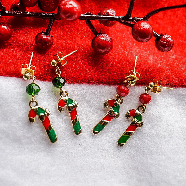 Χριστουγεννιάτικα σκουλαρίκια μπαστουνάκια - καρφωτά, μικρά, χριστουγεννιάτικα δώρα, καρφάκι - 3