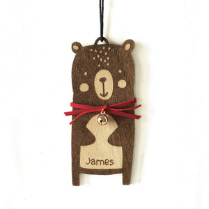 Ξύλινο προσωποποιημένο στολίδι "αρκουδάκι" - 11 εκ - ξύλο, δώρα για παιδιά, στολίδια, προσωποποιημένα