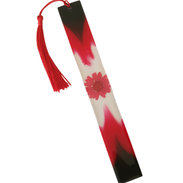 Σελιδοδείκτης μεγάλος με αληθινό λουλούδι κόκκινο - μαύρο, από υγρό γυαλί, μήκος 19εκ - γυαλί, χειροποίητα, σελιδοδείκτες, πρωτότυπα δώρα