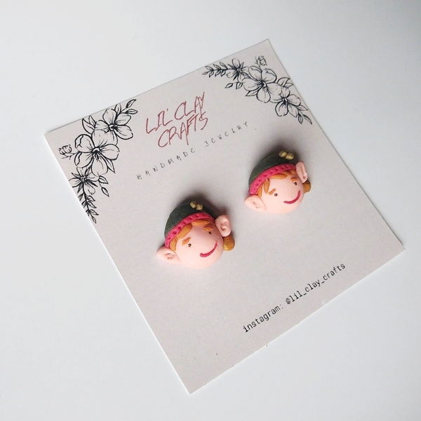 Ξωτικά μινιατούρες σκουλαρίκια studs - πηλός, καρφωτά, μικρά, χριστουγεννιάτικα δώρα - 2