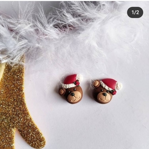Χριστουγεννιάτικα αρκουδάκια μινιατούρες σκουλαρίκια studs - πηλός, καρφωτά, μικρά, ατσάλι, χριστουγεννιάτικα δώρα - 2