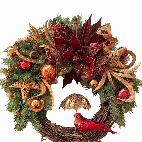 Χριστουγεννιάτικο στεφανι με Αλεξανδρινά λουλούδια , αστέρια , ομπρέλα και μπαλες - στεφάνια, αστέρι, διακοσμητικά