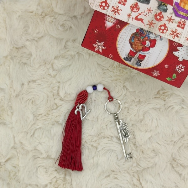Χειροποίητο επιτραπέζιο γούρι 2022 μεταλλικό κλειδί με μπορντό φούντα - κλειδί, χριστουγεννιάτικα δώρα, γούρια - 5