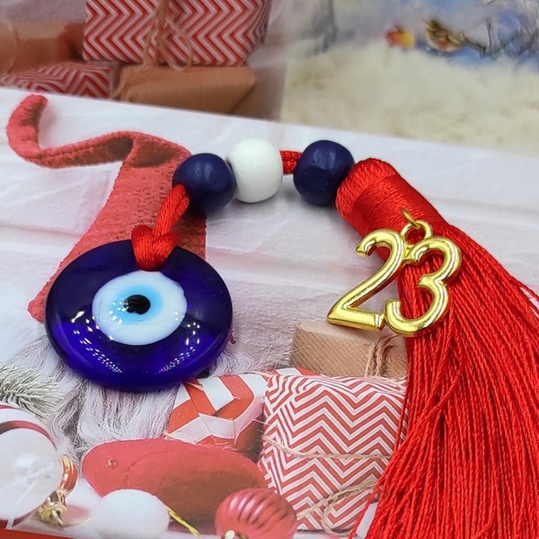 Χειροποίητο επιτραπέζιο γούρι 2023 γυάλινο μάτι με κόκκινη φούντα - γυαλί, χριστουγεννιάτικα δώρα, γούρια - 4