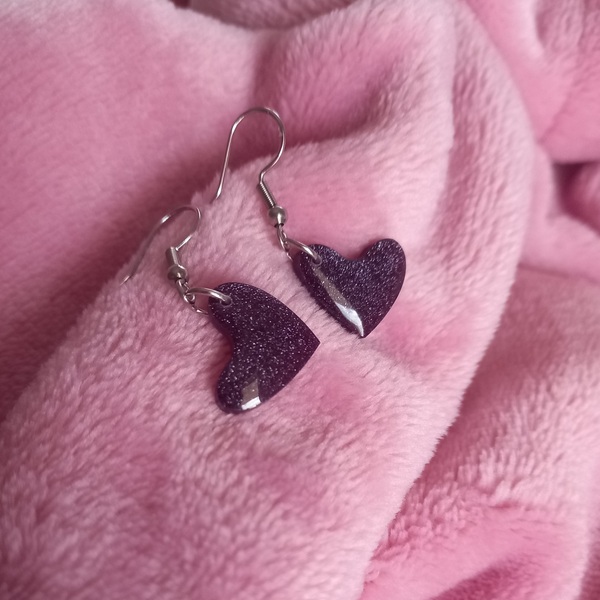 Σκουλαρίκια κρεμαστά καρδιές από υγρό γυαλί σε περλε μωβ χρώμα - στρας, γυαλί, καρδιά, ατσάλι, κρεμαστά - 3