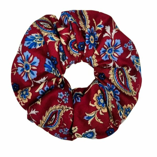 Scrunchies- χειροποίητο υφασμάτινο κόκκινο με μπλε σχέδια scrunchie - λαστιχάκια μαλλιών