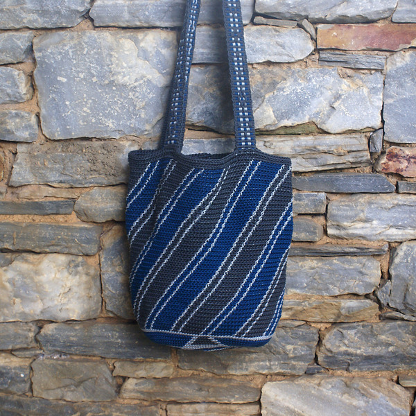 Μπλε γκρι πλεκτή τσάντα ώμου με σχέδιο και χερούλι στον αργαλειό - ώμου, μεγάλες, all day, tote, πλεκτές τσάντες - 2