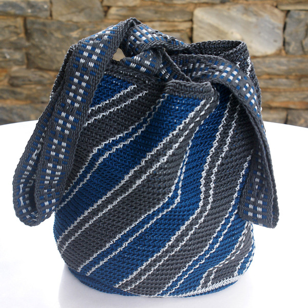 Μπλε γκρι πλεκτή τσάντα ώμου με σχέδιο και χερούλι στον αργαλειό - ώμου, μεγάλες, all day, tote, πλεκτές τσάντες - 4