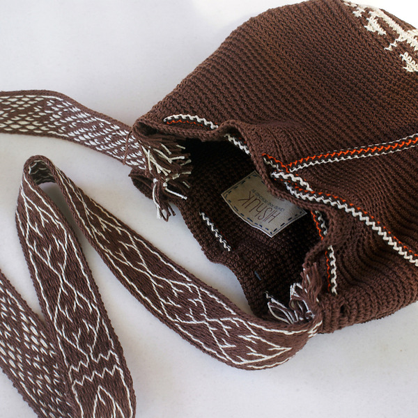 Πλεκτή καφέ τσάντα βελονάκι ώμου σε ethnic σχέδιο και χερούλι στον αργαλειό - ώμου, πουγκί, all day, πλεκτές τσάντες, μικρές - 3