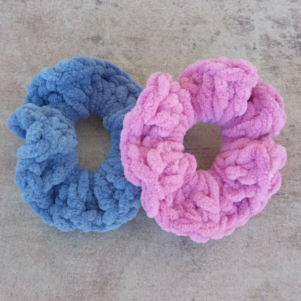 Σετ 2 λαστιχακια μαλλιών scrunchies βελουτέ ροζ γαλάζιο - λαστιχάκια μαλλιών - 3