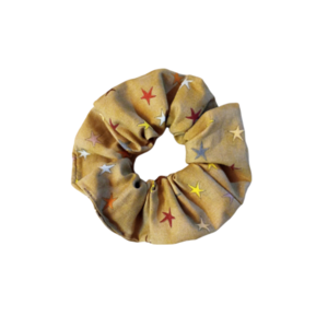 Κοκκαλάκι scrunchie βαμβακερό λαδί με αστέρια - λαστιχάκια μαλλιών