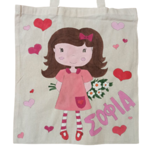 πάνινη τσάντα με κοριτσάκι ντυμένο στα ροζ και όνομα για μεταφορά βιβλίων μεγάλο μέγεθος - ζωγραφισμένα στο χέρι, ώμου, όνομα - μονόγραμμα, personalised, πάνινες τσάντες - 2