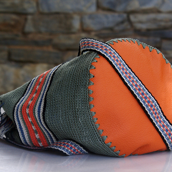 Δερμάτινη πλεκτή πράσινη πορτοκαλί τσάντα χιαστί με χερούλι στον αργαλειό - δέρμα, χιαστί, μεγάλες, all day, πλεκτές τσάντες - 2