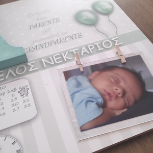 Καδράκι με στοιχεία γέννησης 27x27x6cm για Αγόρι & κορίτσι με μονόγραμμα σε πράσινο παστέλ μεντα (mint) και φωτογραφία - κορίτσι, αγόρι, δώρο γέννησης, ενθύμια γέννησης - 5