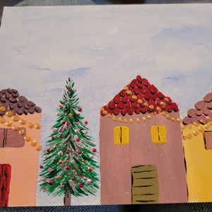 Κάρτα χριστουγεννιάτικη με σπιτάκια, ζωγραφισμένη στο χέρι. - σπίτι, ευχετήριες κάρτες - 5