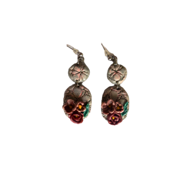 "CLARISSE" oval- Χειροποίητα σκουλαρίκια από πηλό με εφέ δαντέλας - πηλός, λουλούδι, κρεμαστά, μεγάλα, καρφάκι