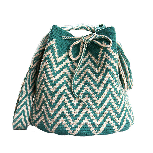 Πλεκτή πράσινη μπεζ boho τσάντα ώμου με χερούλι στον αργαλειό - ώμου, πουγκί, all day, πλεκτές τσάντες, μικρές