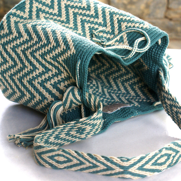Πλεκτή πράσινη μπεζ boho τσάντα ώμου με χερούλι στον αργαλειό - ώμου, πουγκί, all day, πλεκτές τσάντες, μικρές - 4