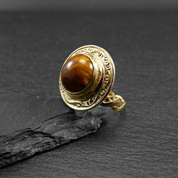 " Tigers eye Circle - Χειροποίητο επίχρυσο 18K δαχτυλίδι με Μάτι της Τίγρης! - ημιπολύτιμες πέτρες, αυξομειούμενα, επιχρυσωμένα - 3