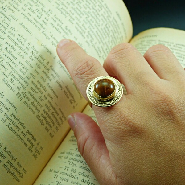 " Tigers eye Circle - Χειροποίητο επίχρυσο 18K δαχτυλίδι με Μάτι της Τίγρης! - ημιπολύτιμες πέτρες, αυξομειούμενα, επιχρυσωμένα - 2