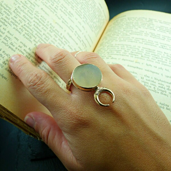 " Μινώταυρος" - Χειροποίητο επίχρυσο δαχτυλίδι με έναν φυσικό Ορυκτό διάφανο Χαλαζία. . - ημιπολύτιμες πέτρες, αχάτης, επιχρυσωμένα, αυξομειούμενα - 2