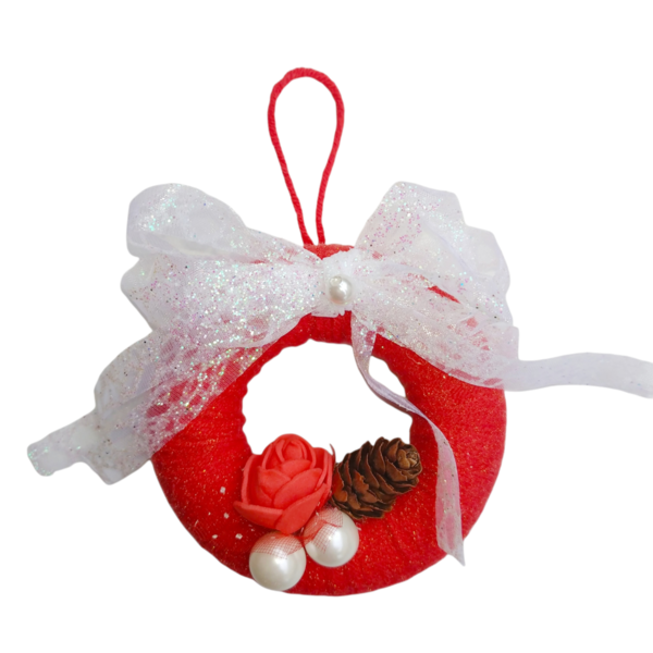 Χριστουγεννιάτικο στεφανάκι με λευκή γκλιτερ κορδέλα - νήμα, κουκουνάρι, στολίδια