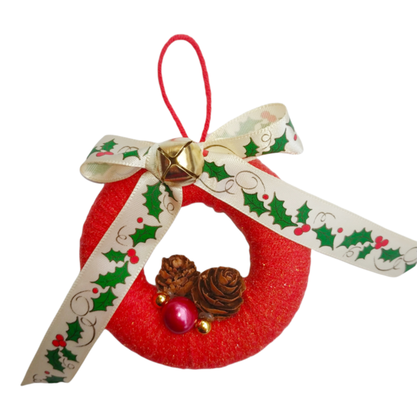 Χριστουγεννιάτικο στεφανάκι με κουκουναράκια - νήμα, στεφάνια, με πέρλες, κουκουνάρι, στολίδια