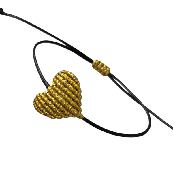 Βραχιόλι χειροποίητο μακραμέ με καρδιά (χρυσό, ασημί, πολύχρωμο ιριδίζον χρώματα) με μαύρο λουράκι - καρδιά, μακραμέ, κορδόνια, χεριού, αυξομειούμενα