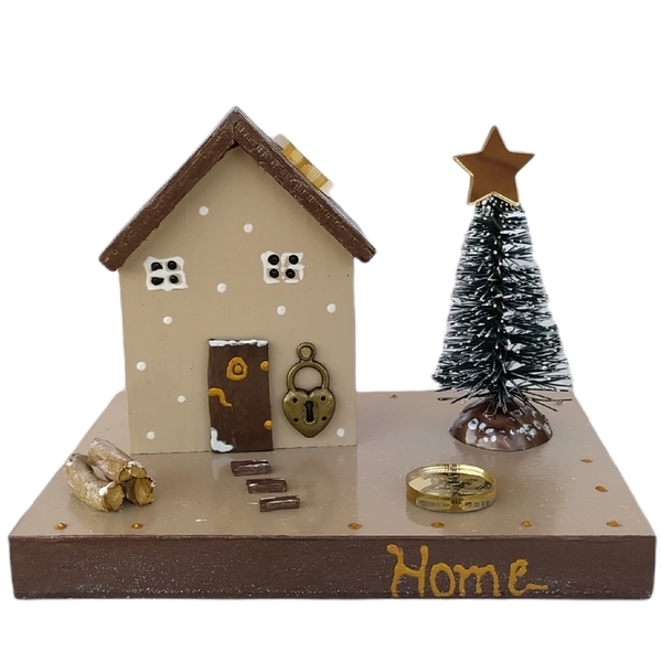 Ξύλινο, χριστουγεννιάτικο σπίτι σε μπεζ χρώμα - 10 εκ. - ξύλο, σπίτι, γούρια, δέντρο