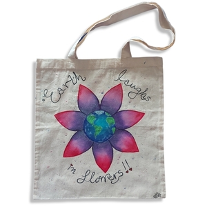 Tote bag ζωγραφισμένη στο χέρι, με μακρύ χερούλι, λουλούδι - ύφασμα, ώμου, all day, tote, πάνινες τσάντες