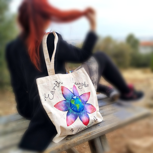 Tote bag ζωγραφισμένη στο χέρι, με μακρύ χερούλι, λουλούδι - ύφασμα, ώμου, all day, tote, πάνινες τσάντες - 2