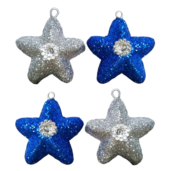 Σετ 4 χριστουγεννιάτικα στολίδια αστέρι με ασημί-μπλε γκλίτερ 4,5×4,5×8cm/τμχ - αστέρι, χριστούγεννα, στολίδια, πρωτοχρονιά